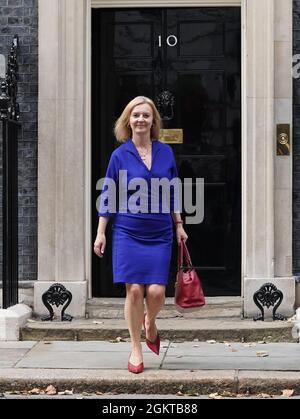 Newly-appointed Foreign Secretary Liz Truss leaves Number 10 Downing Street, as Prime Minister Boris Johnson reshuffles his Cabinet to appoint a 'strong and united' team. The former trade secretary did not respond to questions about her promotion amid the cabinet reshuffle as she left. Picture date: Wednesday September 15, 2021. Stock Photo