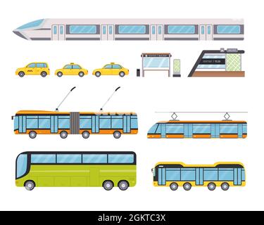 Flat public city land transport and yellow taxi car. Urban vehicles and bus stop. Cartoon trolleybus, underground train and tram vector set Stock Vector