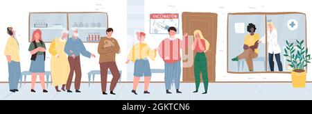 Flat cartoon doctor and patients characters,vaccination and coronavirus prevention vector illustration concept Stock Vector