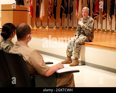 Rear Adm. Tim Weber, commander, Naval Medical Forces Pacific Commander and director of the Navy’s Medical Service Corps, stopped by Officer Development School (ODS) and spoke with students from class 21060 at Officer Training Command Newport, June 28. Weber shared his insights with the students, who are future MSC officers, about what to expect as they begin their Navy journey and how to be successful as a leader in the MSC. Stock Photo