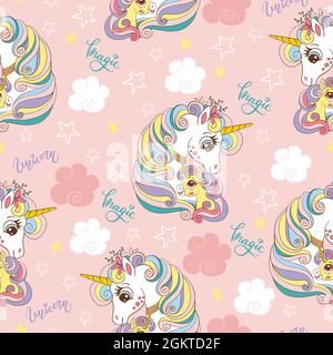 Seamless pattern with cute mom and baby unicorns. Magic background with unicorns. Vector illustration in trendy colors. For design, print, decor, wall Stock Vector