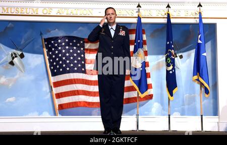 Col. Lindsay Droz, 78th Air Base Wing commander, receives her first salute after accepting command of the 78th ABW during a ceremony at the Museum of Aviation at Robins Air Force Base, Georgia, June 29, 2021. In addition to commanding the 78th, she will also serve as the Robins Installation Commander, supporting the base’s 54 Mission Partners, including a major command, an air logistics complex and two additional wings. Stock Photo