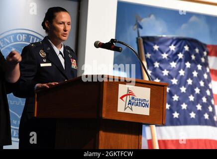 Col. Lindsay Droz, 78th Air Base Wing commander, speaks during a change of command ceremony at the Museum of Aviation at Robins Air Force Base, Georgia, June 29, 2021. As the commander of the 78th ABW, Droz also assumes the responsibilities as the Robins Installation Commander, which include the safety, security, morale and welfare of more than 23,000 total force Airmen and 28,000 local dependents and retirees. Stock Photo