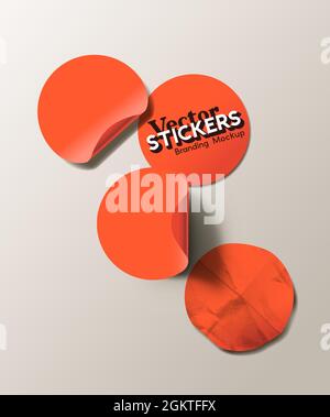 A set of blank red round adhesive paper stickers in various states. Isolated label collection vector illustration. Stock Vector