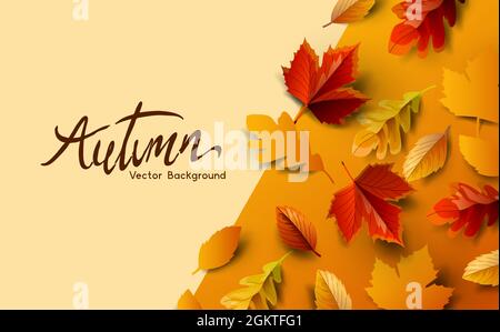 Autumn fall season background design with golden falling autumn leaves and room for copy text. Vector illustration Stock Vector