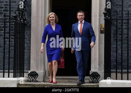 Newly-appointed Foreign Secretary Liz Truss leaves Number 10 Downing Street, as Prime Minister Boris Johnson reshuffles his Cabinet to appoint a 'strong and united' team. The former trade secretary did not respond to questions about her promotion amid the cabinet reshuffle as she left. Picture date: Wednesday September 15, 2021. Stock Photo