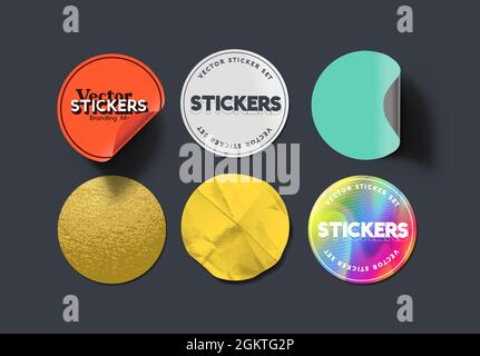 A set of blank round adhesive paper stickers in various states and colours. Isolated label collection vector illustration. Stock Vector
