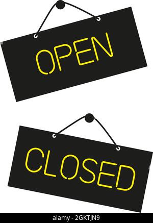 On black background yellow text open closed text message billboard Stock Vector