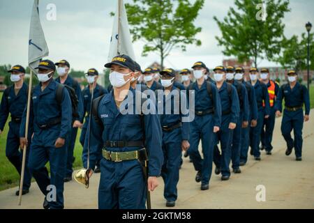 A recruit division marches in formation at Recruit Training Command. More than 40,000 recruits train annually at the Navy’s only boot camp. Stock Photo
