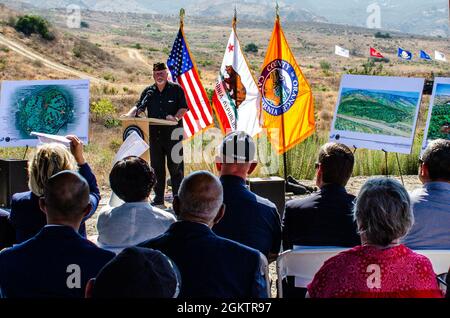 ANAHEIM HILLS, Calif. (July 1, 2021) - Bill Cook, chairman of Orange County Veterans Memorial Park Foundation and vice-chair of the Valor Foundation speaks at a press conference organized by Orange County Supervisor Third District Don Wagner announcing the selection of 280-acre plot land, known as Gypsum Canyon, for establishing a local veterans cemetery with several civic leaders and veterans attending, including U.S. Navy Chief Mass Communication Specialist Elisandro T. Diaz, who is one of the founders and member of OCVMP. OCVMP is credited for raising awareness of the need for a veterans ce Stock Photo