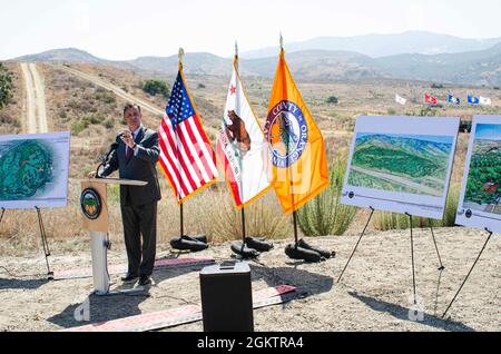 ANAHEIM HILLS, Calif. (July 1, 2021) - Orange County Supervisor Third District Don Wagner hosts a press conference announcing the selection of 280-acre plot land, known as Gypsum Canyon, for establishing a local veterans cemetery with several civic leaders and veterans attending, including U.S. Navy Chief Mass Communication Specialist Elisandro T. Diaz, who is one of the founders and member of Orange County Veterans Memorial Park Foundation. OCVMP is credited for raising awareness of the need for a veterans cemetery in Orange County and nurturing it to this moment. Wagner is hopeful work on th Stock Photo