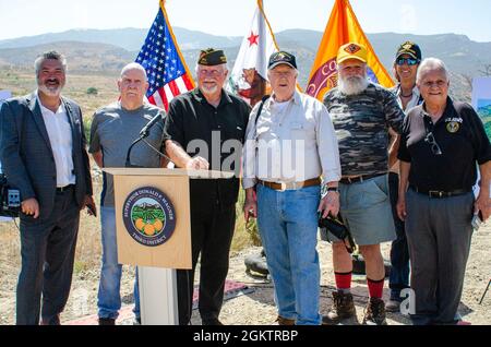 ANAHEIM HILLS, Calif. (July 1, 2021) - Members of the Orange County Veterans Memorial Park Foundation photographs at a press conference organized by Orange County Supervisor Third District Don Wagner announcing the selection of 280-acre plot land, known as Gypsum Canyon, for establishing a local veterans cemetery with several civic leaders and veterans attending, including U.S. Navy Chief Mass Communication Specialist Elisandro T. Diaz, who is one of the founders and member of OCVMP. OCVMP is credited for raising awareness of the need for a veterans cemetery in Orange County and nurturing it t Stock Photo