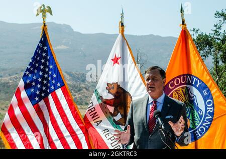 ANAHEIM HILLS, Calif. (July 1, 2021) - Orange County Supervisor Third District Don Wagner hosts a press conference announcing the selection of 280-acre plot land, known as Gypsum Canyon, for establishing a local veterans cemetery with several civic leaders and veterans attending, including U.S. Navy Chief Mass Communication Specialist Elisandro T. Diaz, who is one of the founders and member of Orange County Veterans Memorial Park Foundation. OCVMP is credited for raising awareness of the need for a veterans cemetery in Orange County and nurturing it to this moment. Wagner is hopeful work on th Stock Photo