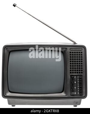 Vintage portable black and white CRT TV receiver isolated on white background. Retro technology concept Stock Photo