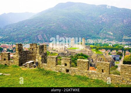 View of Castelgrande from Mntebello Castle in Bellinzona. Bellinzona is a municipality, a historic Swiss town, and the capital of the canton of Ticino Stock Photo