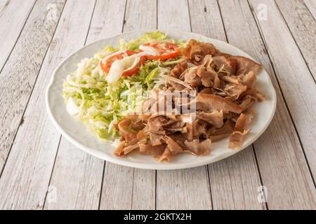 Great kebab plate with a side of chips and salad and with pita bread on the side Stock Photo