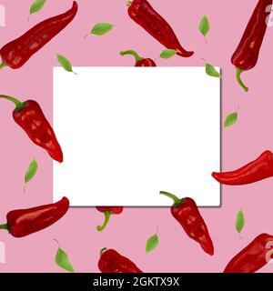 Creative layout with green leaves and red peppers on pink background with white copy space. Stock Photo