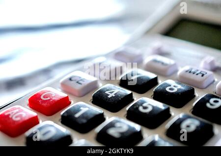 Simple Calculator with big buttons, numbers close up Stock Photo