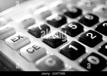 Simple Calculator with big buttons, numbers close up Stock Photo