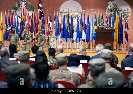 Brig. Gen. Anthony McQueen, Commanding General, U.S. Army Medical Research and Development Command and Fort Detrick, MD. speaks to the crowd during a Relinquishment of Command Ceremony, July 8, 2021. Col. Clinton Murray served as the commander of the Walter Reed Army Institute of Research (WRAIR) during a pivotal period in which WRAIR dealt with the Covid-19 pandemic. Stock Photo