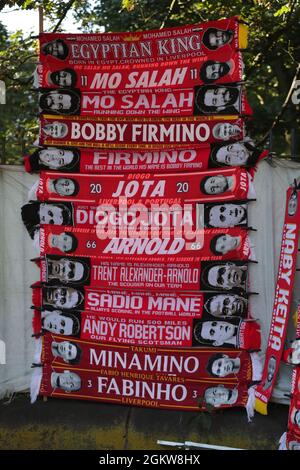 15th September 2021; Anfield, Liverpool, England;  UEFA Champions League football, Liverpool versus AC Milan; Liverpool fan scarves on sale in Stanley Park Stock Photo