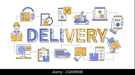 Delivery - line design style modern banner in blue and yellow color. Logistics planning, order tracking from the moment of purchase to transfer. Van, Stock Vector