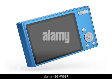 Stylish blue compact pocket digital camera isolated on white background. 3D rendered concept of vacation travel destination Stock Photo