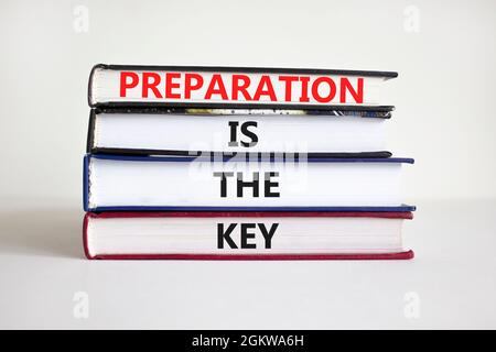 Preparation is the key symbol. Books with words 'Preparation is the key'. Businessman hand. Beautiful white background, copy space. Business and prepa Stock Photo