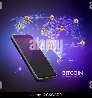 Bitcoin cryptocurrency blockchain world trade technology background. Crypto digital global exchange bitcoin Stock Vector