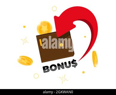 Bonus cashback income loyalty program advertising concept. Gold coins returned to wallet. Earn points to purse promo program. Save money or cash back symbol vector isolated eps illustration Stock Vector