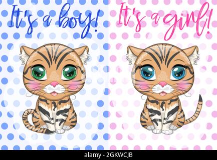 Baby Shower greeting card with Cute boy and girl. Black footed cat with beautiful eyes in cartoon style, colorful illustration for children. Felis nig Stock Vector