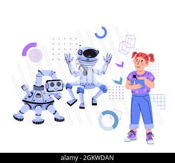 High technology and robotics for kids concept with child controlling robots, flat vector illustration isolated on white background. Robotics and progr Stock Vector