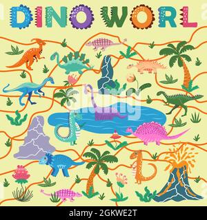 Dinosaurs world poster. cartoon dinosaurs and hand lettering. t-rex, tyrannosaurus, pterosaur, pterodactyl, triceratops brontosaurus eoraptor Stock Vector