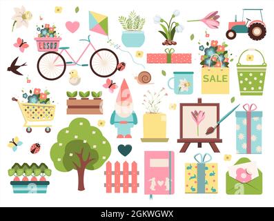 Big spring set. Vector garden tools, flowers. Flat design. Cute icons for a website, app or ad. Birds, plants, insects, and Easter items. Stock Vector