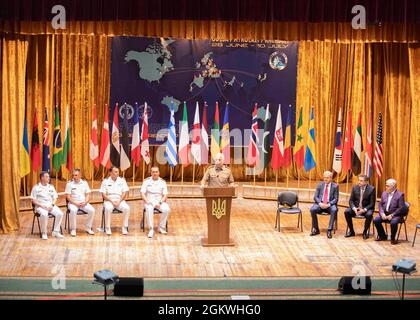 210710-N-BM428-0021 ODESA, Ukraine (July 10, 2021) A member of the Ukrainian General Staff makes remarks during the closing ceremony of Exercise Sea Breeze 2021 in Odesa, Ukraine, July 10, 2021. Exercise Sea Breeze is a multinational maritime exercise cohosted by the U.S. Sixth Fleet and the Ukrainian Navy since 1997. Sea Breeze 2021 is designed to enhance interoperability of participating nations and strengthens maritime security and peace in the region. Stock Photo