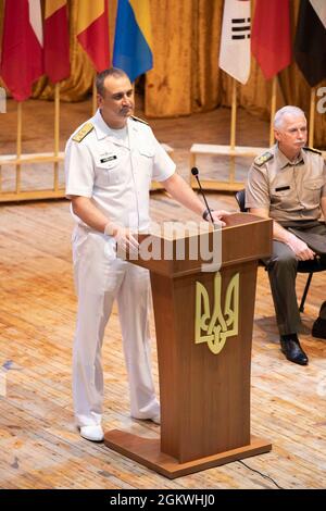 210710-N-BM428-0100 ODESA, Ukraine (July 10, 2021) Oleksiy Neizhpapa, commander of the Ukrainian Navy, makes remarks during the closing ceremony of Exercise Sea Breeze 2021 in Odesa, Ukraine, July 10, 2021. Exercise Sea Breeze is a multinational maritime exercise cohosted by the U.S. Sixth Fleet and the Ukrainian Navy since 1997. Sea Breeze 2021 is designed to enhance interoperability of participating nations and strengthens maritime security and peace in the region. Stock Photo