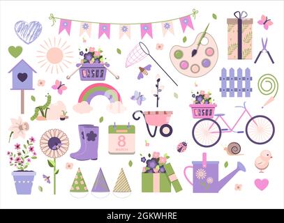 Big spring set. Vector garden tools, flowers. Flat design. Cute icons for a website, app or ad. Birds, plants, insects, and Easter items. Stock Vector