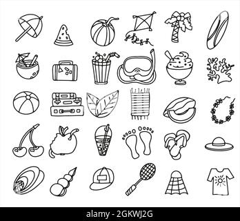 A Big vector doodle summer set. Accessories for beach holidays by the sea. Flat design Illustration for ads, web, flyers, and banners. Set of drawn by Stock Vector