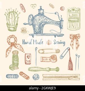 Set of hand-drawn vintage sewing tools. Sew machine, Needle, scissors, mannequin, buttons, tailor meter. Sketch engraving style. Elements for logos Stock Vector