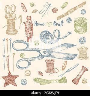 Premium Vector, Hand-drawn sketch set of sewing attributes. set includes  centimeter band, scissors, thread with a needle, antique sewing machine,  button, pillo…