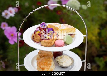 Afternoon tea with cakes, scones and macaroons Stock Photo