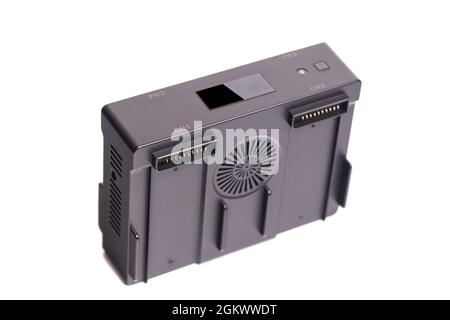 Drone battery charger hub with digital display isolated on white. Stock Photo