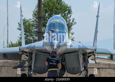 A Bulgarian air force MiG-29 prepares to taxi onto the flight line at Graf Ignatievo, Bulgaria, July 13, 2021. The Bulgarian air force has 80 aircraft and 6,500 active duty personnel. By 2027, Bulgaria seeks to have an active NATO interoperable multirole fighter squadron that participates in multinational fighter exercises. Stock Photo