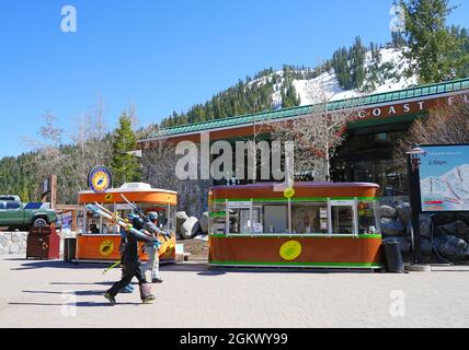 PALISADES TAHOE, CA -12 APR 2021- View of the Palisades Tahoe Valley, a ski resort in California site of the 1960 Winter Olympics renamed in September Stock Photo