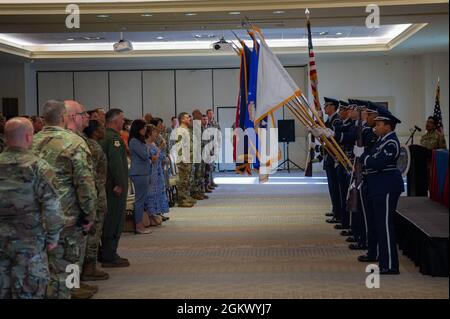 Airmen in the Joint Base Charleston honor guard present the colors during the Congressional Medal of Honor event, at Joint Base Charleston, S.C., July 14, 2021. The Medal of Honor is the United States' highest award for military valor in action. Stock Photo