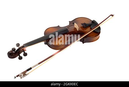 Violin and bow isolated on white background. Copy space. Stock Photo