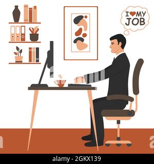 Businessman working on computer I love my job business concept Stock Vector