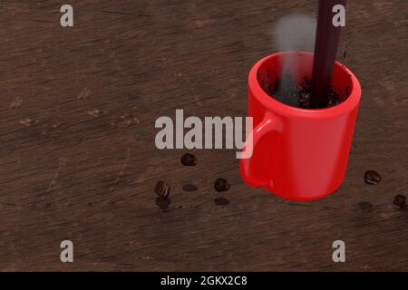 Morning in Mexico city jet of coffee falling into a red cup while forming a slight splash set against an old wooden background Stock Photo