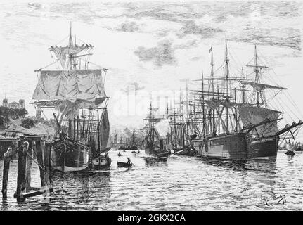 Busy Hamburg port with different quays full of sailing botas, waiting to be loaded or unloaded, Hamburg, North Germany, historical illustration 1880, Stock Photo