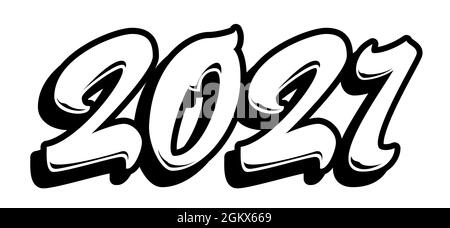 2021 in graffiti brush lettering style. Vector calendar banner isolated on white. New year design element. Stock Vector